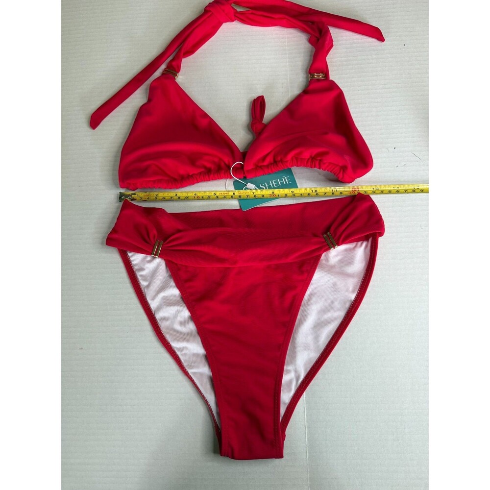 NEW w/tag Women's Two Piece Bikini Set Halter Tie SwimSuit Red Gold Accents Med